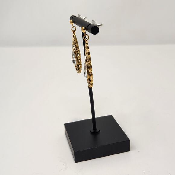 Teardrop Gold Tone Clear Rhinestone Dangle Drop Post Earrings Scrollwork Jewelry - Picture 3 of 5